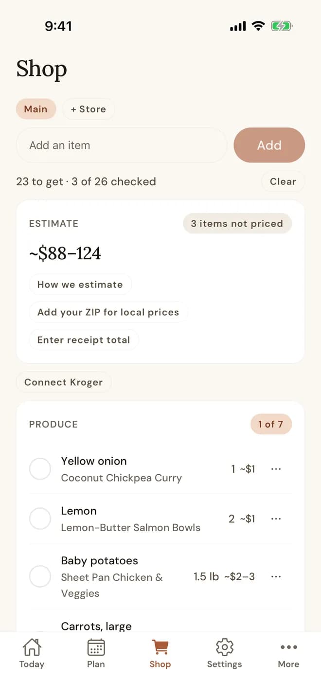 The shopping list grouped by aisle