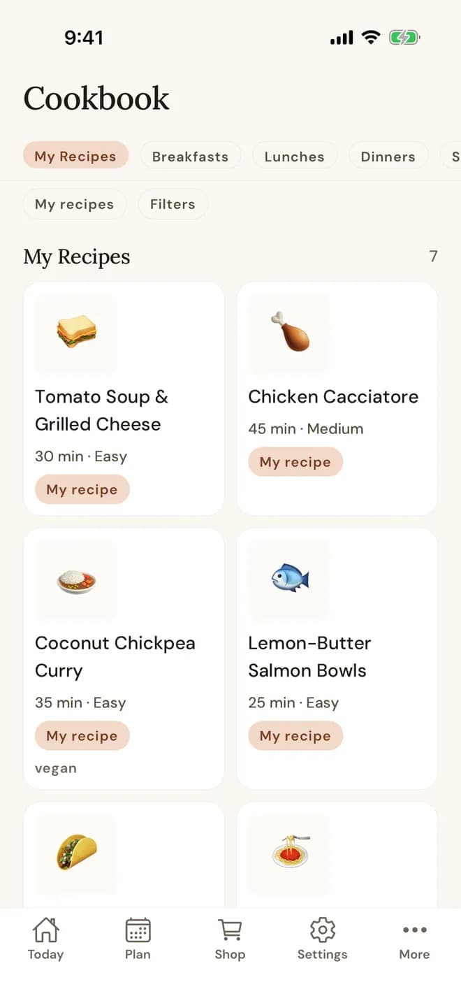 The cookbook of saved recipes