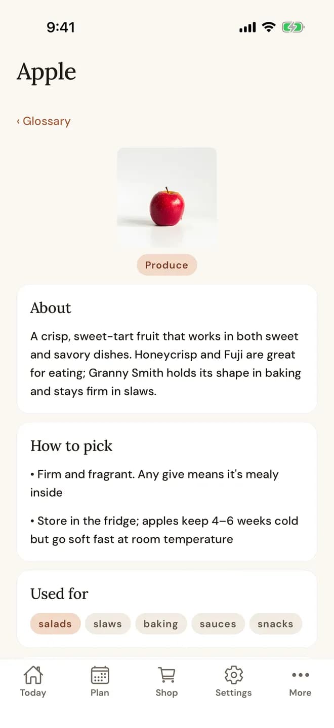 A glossary entry opened from a cook step