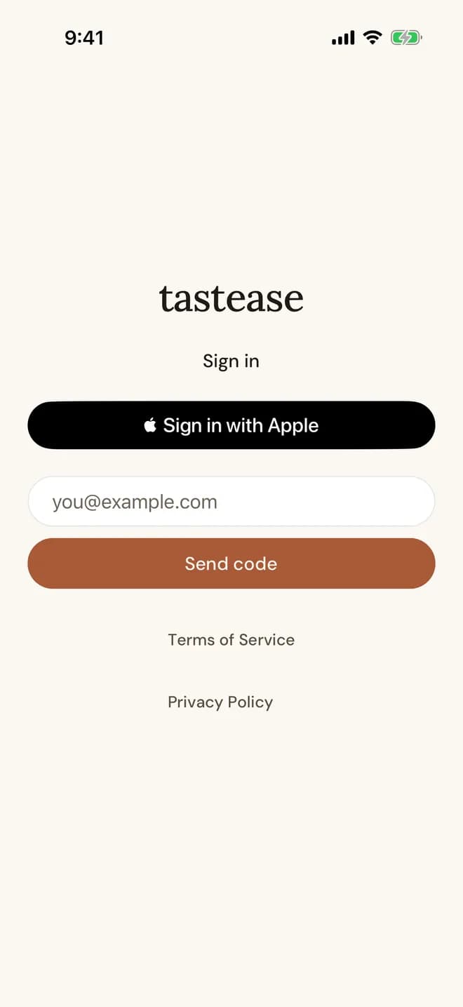 The Tastease sign-in screen with the Sign in with Apple button